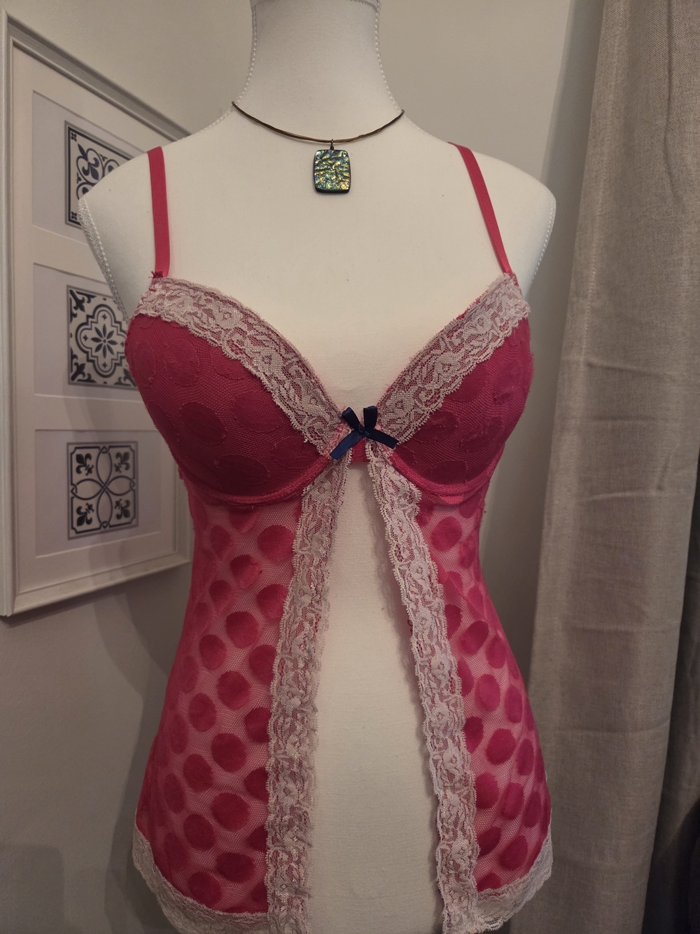Y2K Pink Polka Dot Coquettish Chemise - Cream Lace, Blue Bow - Kitschy